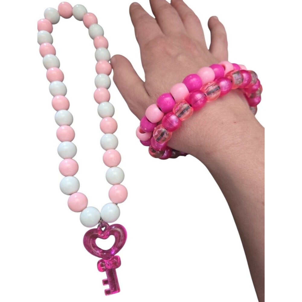 Pink Key Necklace + 2 Bracelets (Handmade)